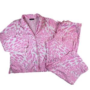 Natori Pink White Animal Print Cotton Pajama Set Long Sleeve Crop Pants Womens L